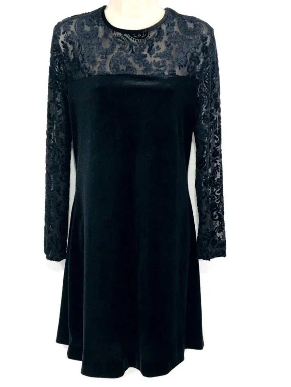 Vtg 90s David Warren DW3 Black Velvet Dress Sz 12 A-Line Burn Out Top WhimsyGot